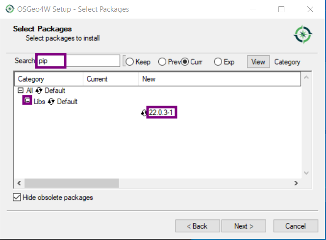the Select Packages screen, with "pip" highlighted in the search bar, as well as the turning arrows symbol