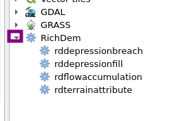 Richdem toolbox with depression breaching, filling, flow accumulation and terrain attributes algorithms.