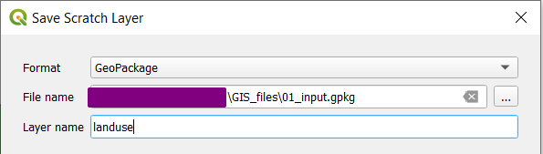 Gui with Format: GeoPackage, File name: 01_input.gpkg, Layer name: landuse